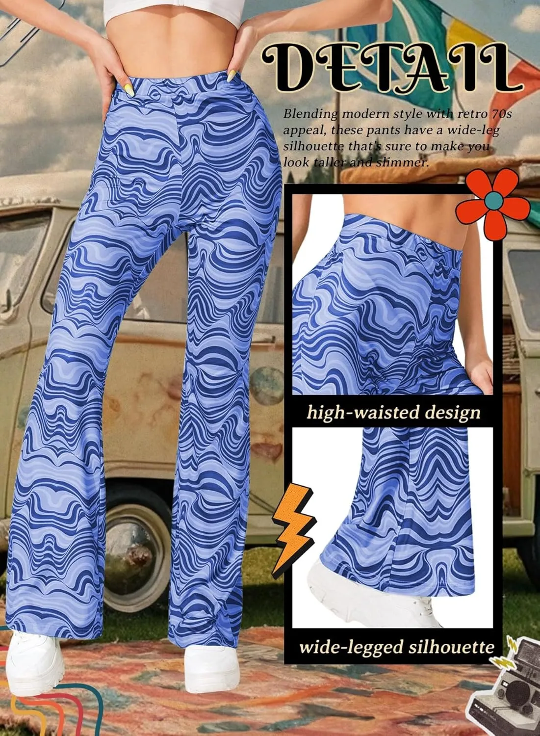 Rave Flare Pants for Women - EDC 70s Wide Leg Flair Leggings Disco Festival Outfits High Waist Bell Bottom Trousers