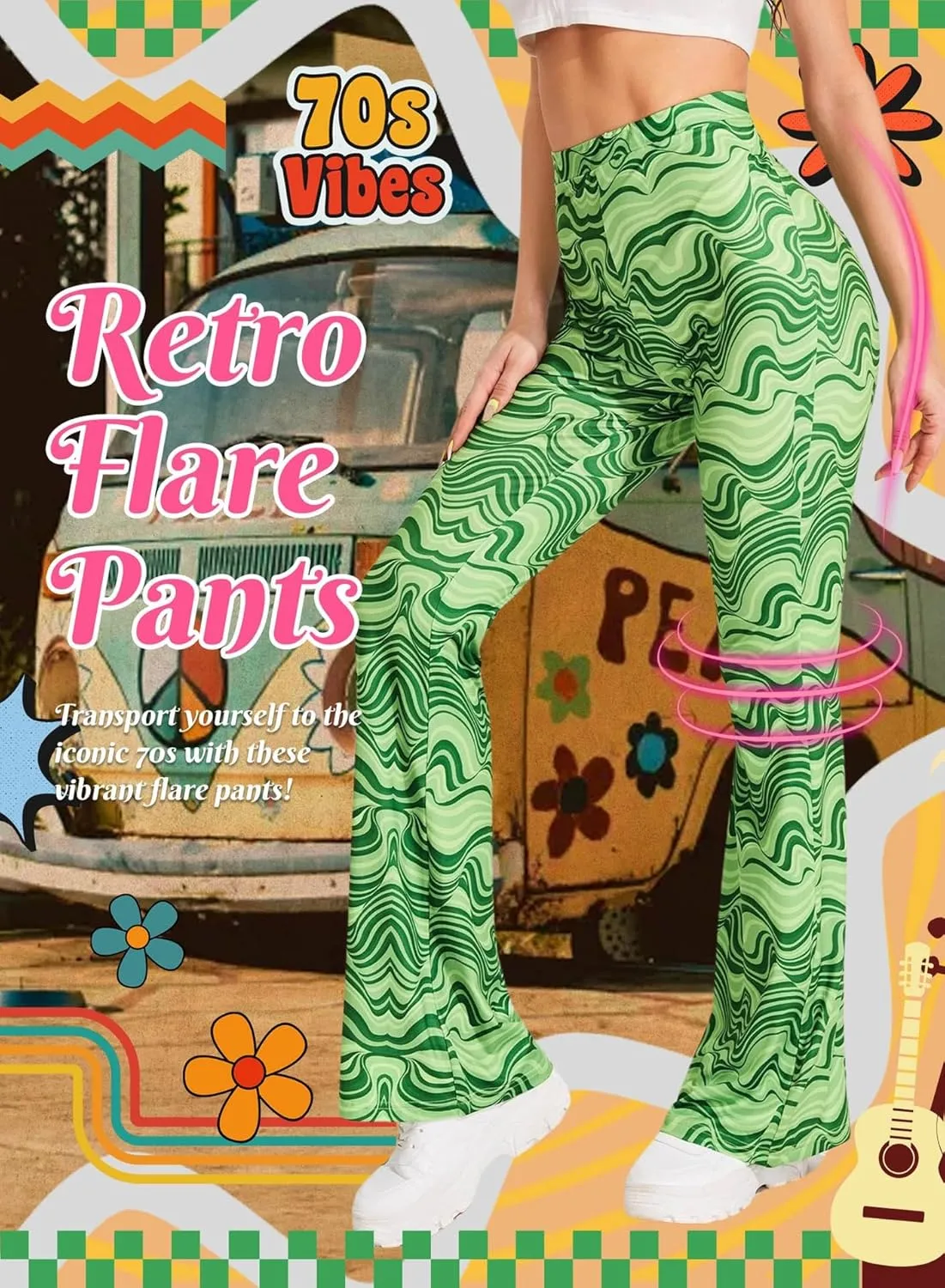 Rave Flare Pants for Women - EDC 70s Wide Leg Flair Leggings Disco Festival Outfits High Waist Bell Bottom Trousers