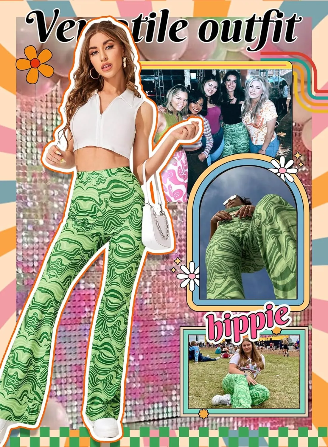 Rave Flare Pants for Women - EDC 70s Wide Leg Flair Leggings Disco Festival Outfits High Waist Bell Bottom Trousers