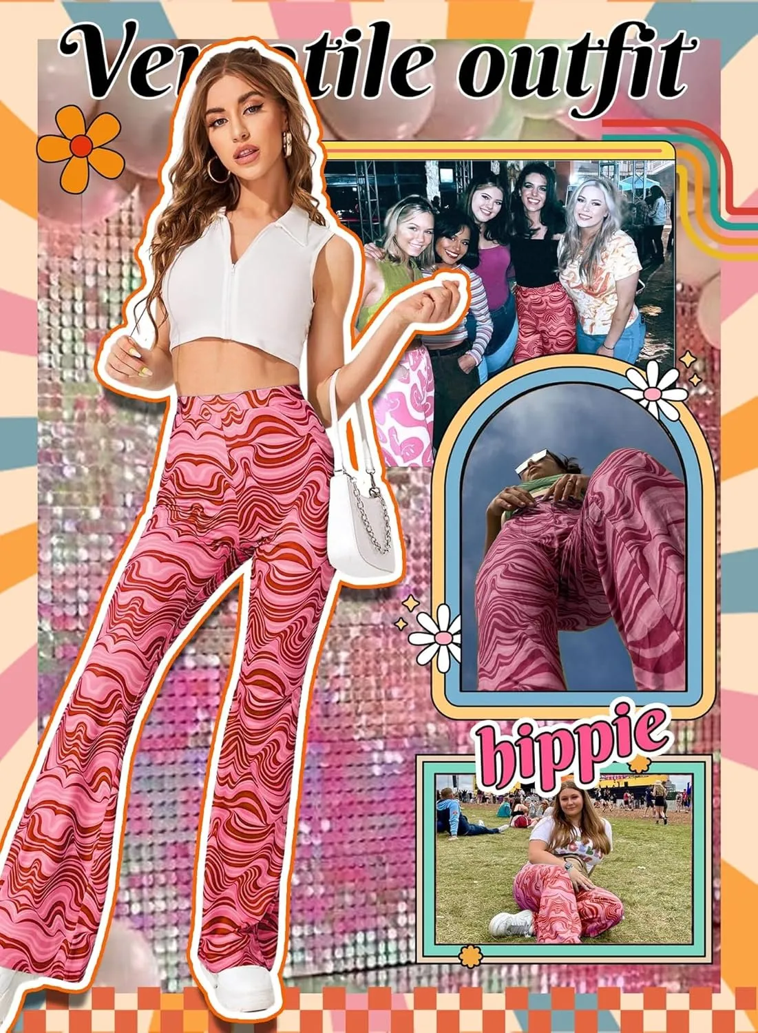 Rave Flare Pants for Women - EDC 70s Wide Leg Flair Leggings Disco Festival Outfits High Waist Bell Bottom Trousers