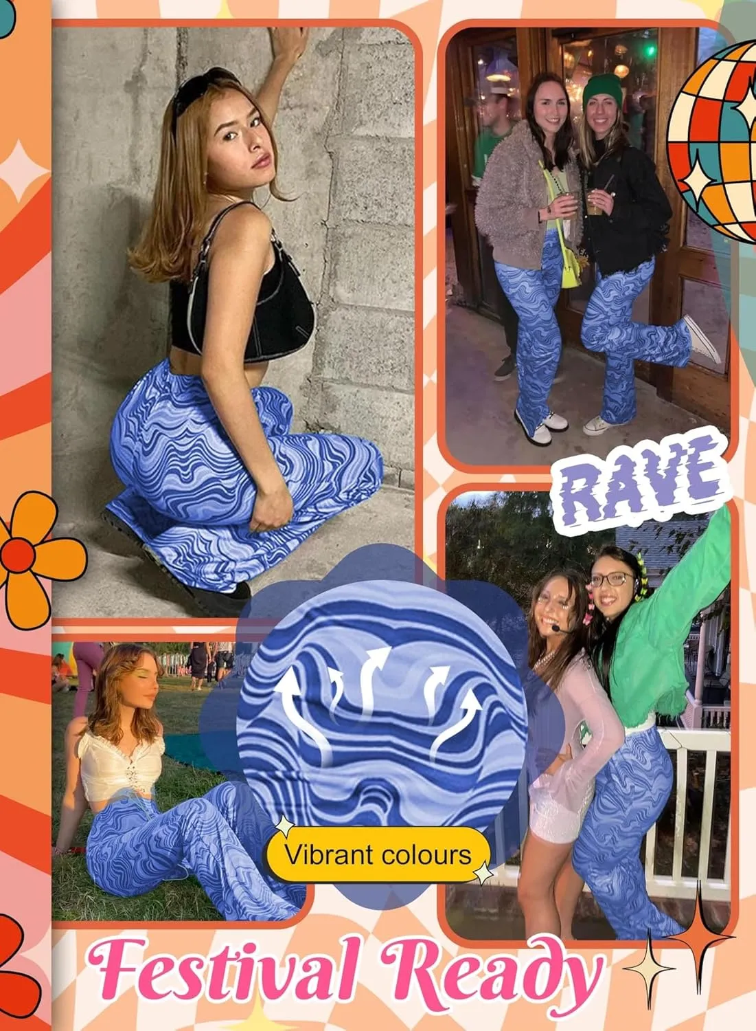 Rave Flare Pants for Women - EDC 70s Wide Leg Flair Leggings Disco Festival Outfits High Waist Bell Bottom Trousers