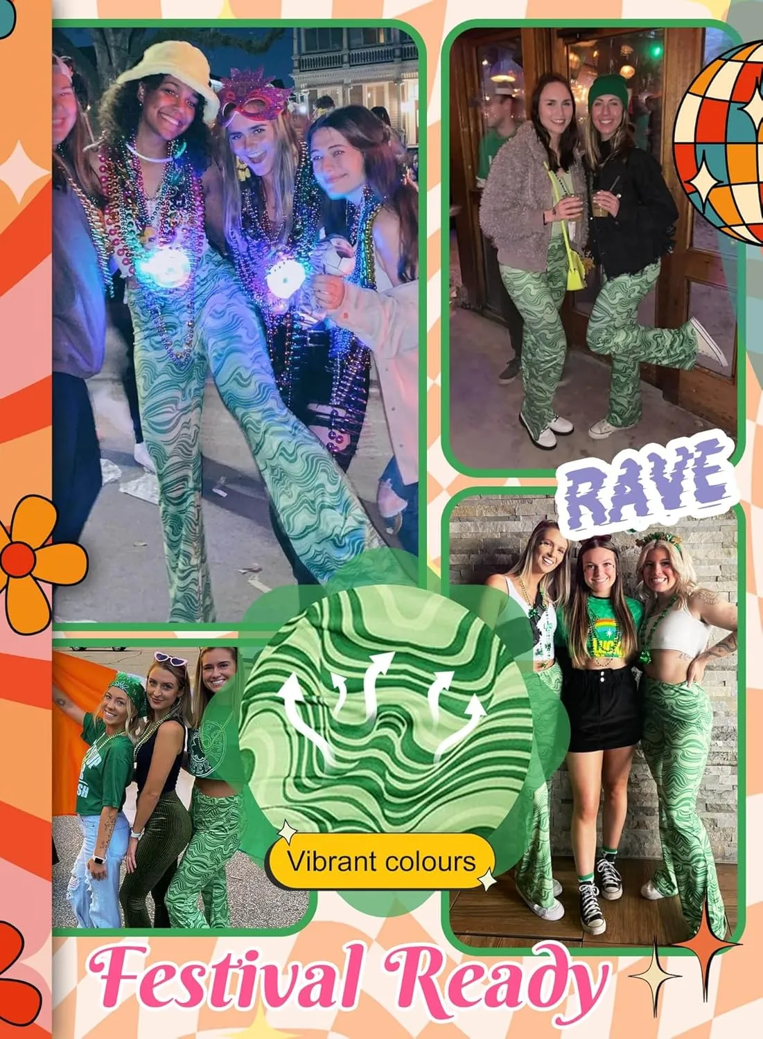 Rave Flare Pants for Women - EDC 70s Wide Leg Flair Leggings Disco Festival Outfits High Waist Bell Bottom Trousers