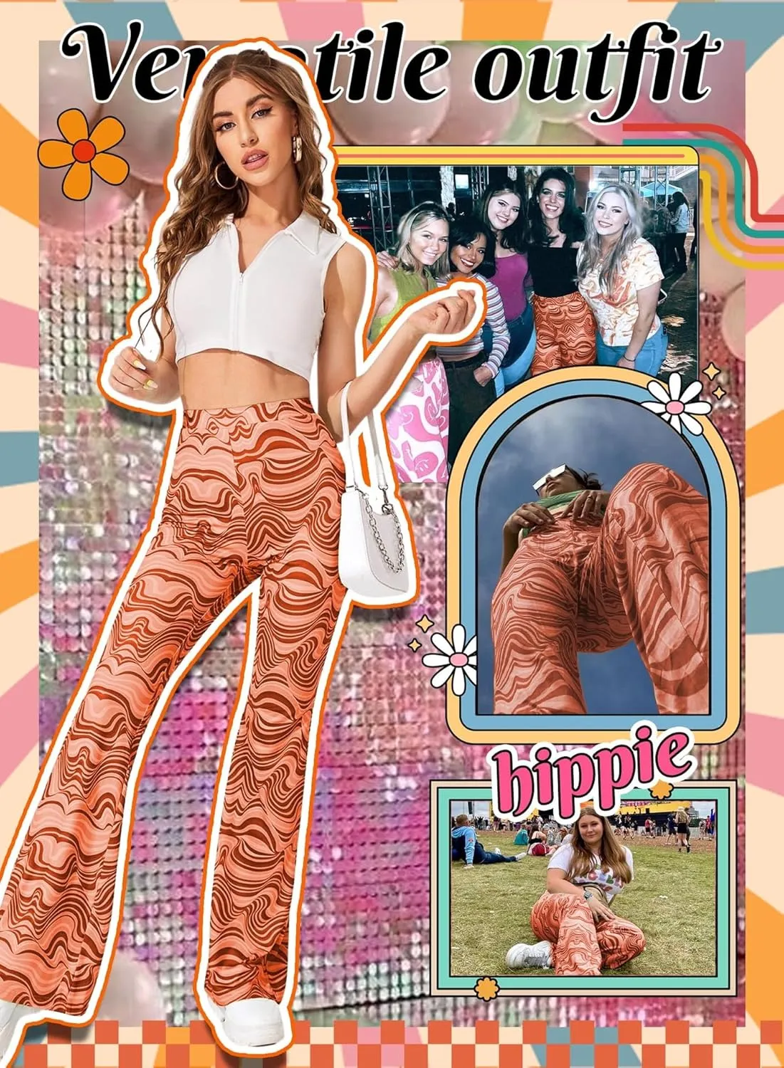 Rave Flare Pants for Women - EDC 70s Wide Leg Flair Leggings Disco Festival Outfits High Waist Bell Bottom Trousers
