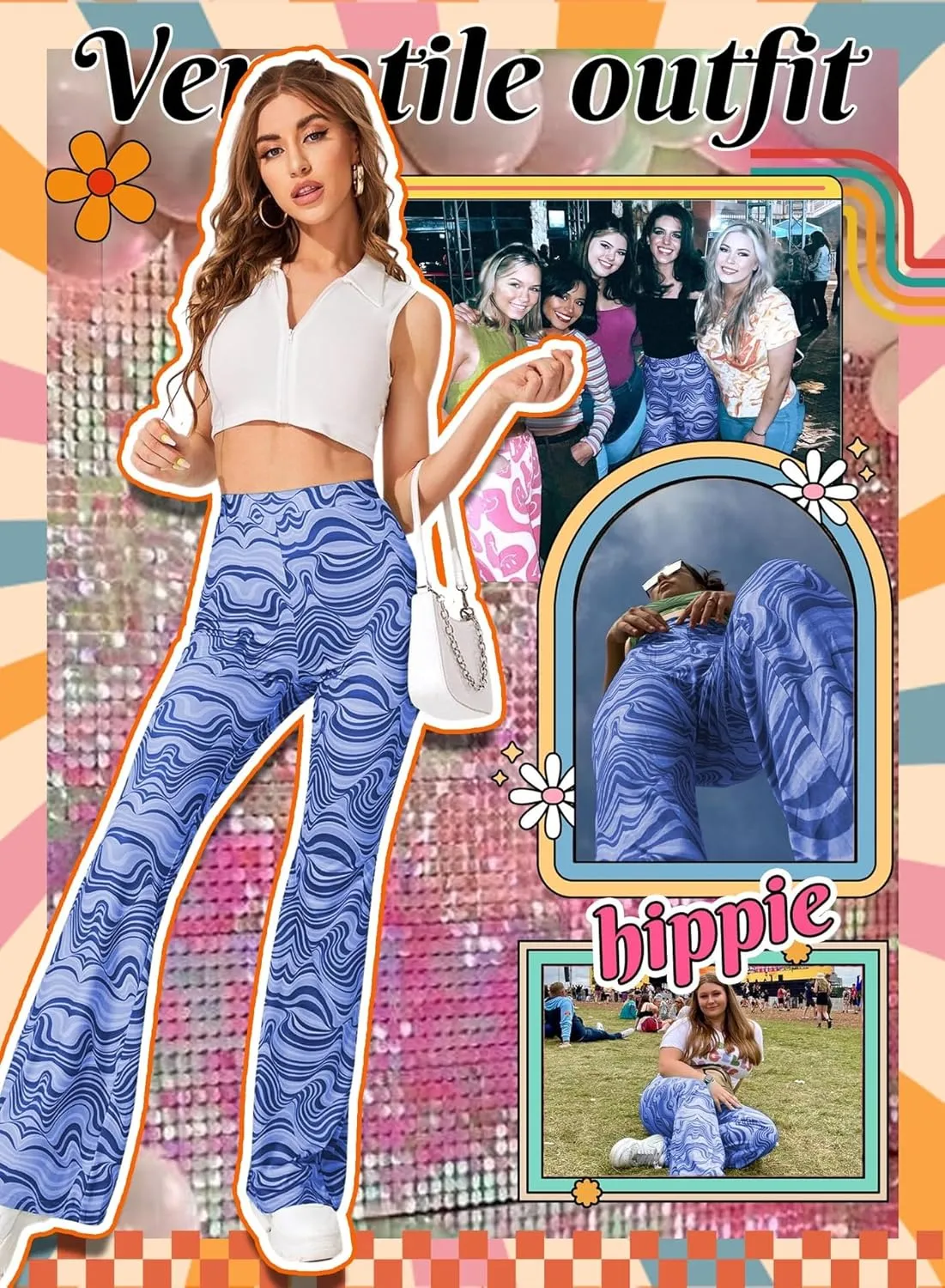 Rave Flare Pants for Women - EDC 70s Wide Leg Flair Leggings Disco Festival Outfits High Waist Bell Bottom Trousers