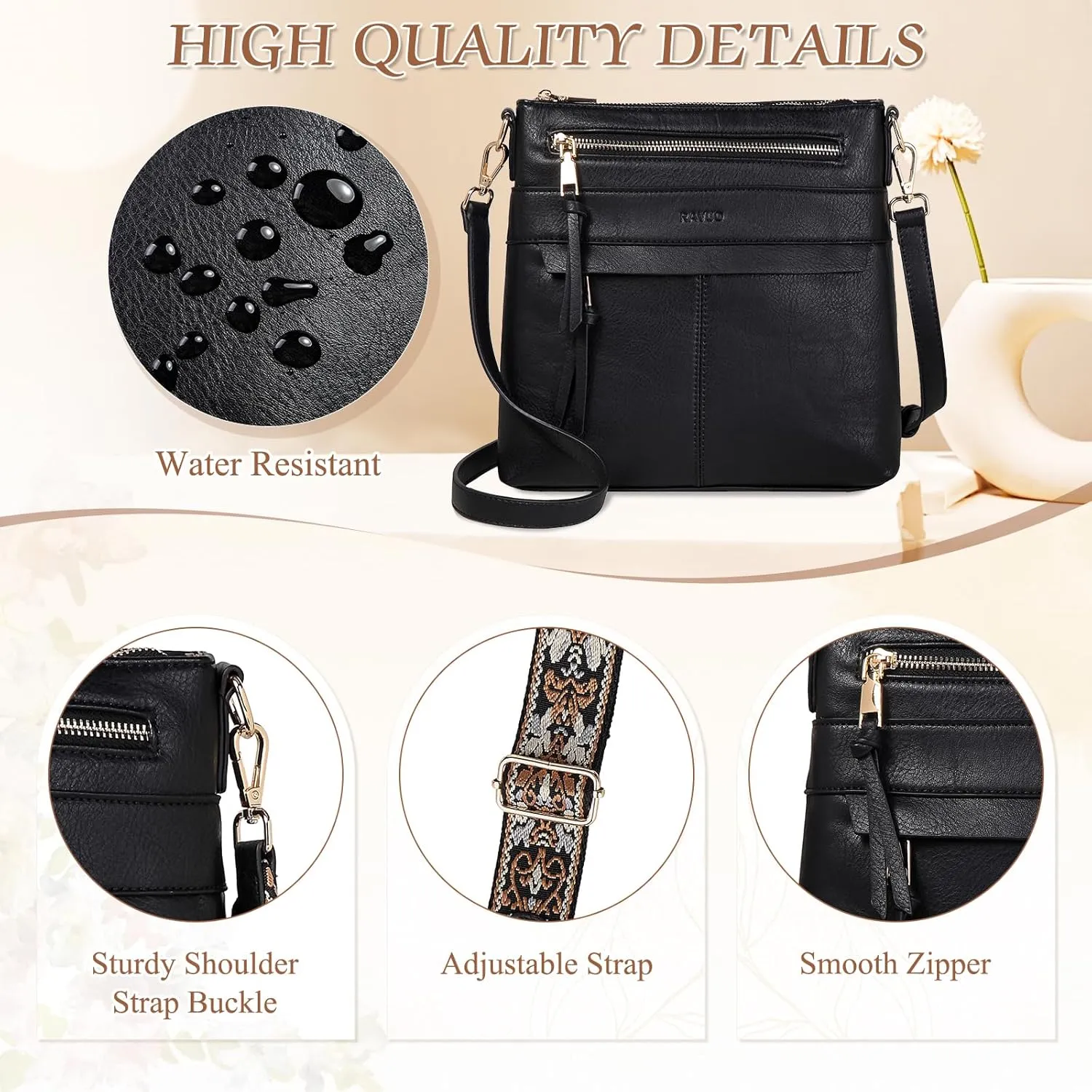 RAVUO Crossbody Bags for Women, Designer Soft Faux Leather Shoulder Purse Multi-Pocket Messenger Bag With 2 Adjustable Straps