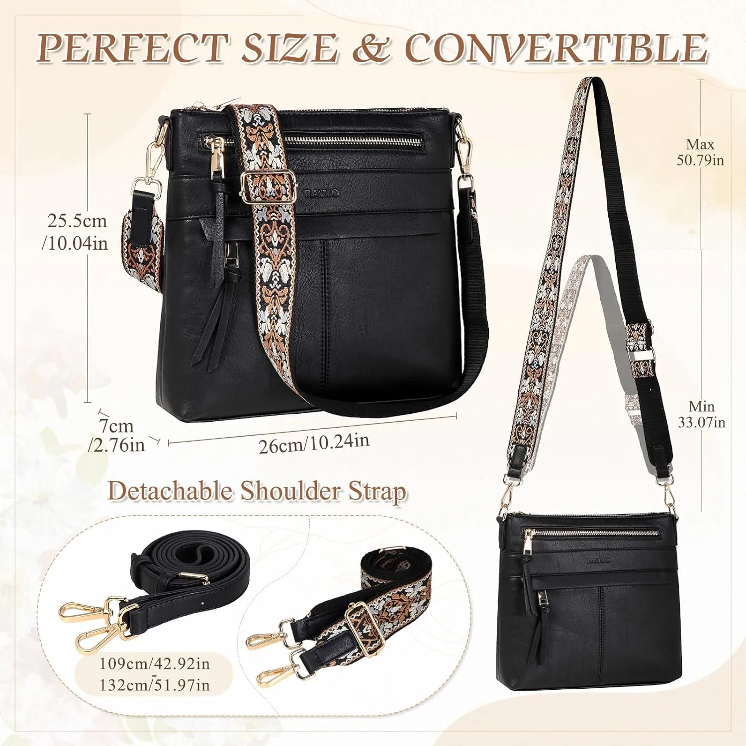 RAVUO Crossbody Bags for Women, Designer Soft Faux Leather Shoulder Purse Multi-Pocket Messenger Bag With 2 Adjustable Straps