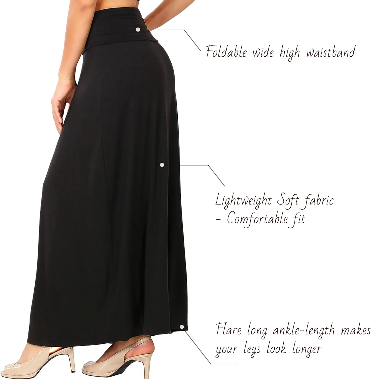 Relaxed Comfortable Fit Flare Long Maxi Skirts Lightweight Spandex