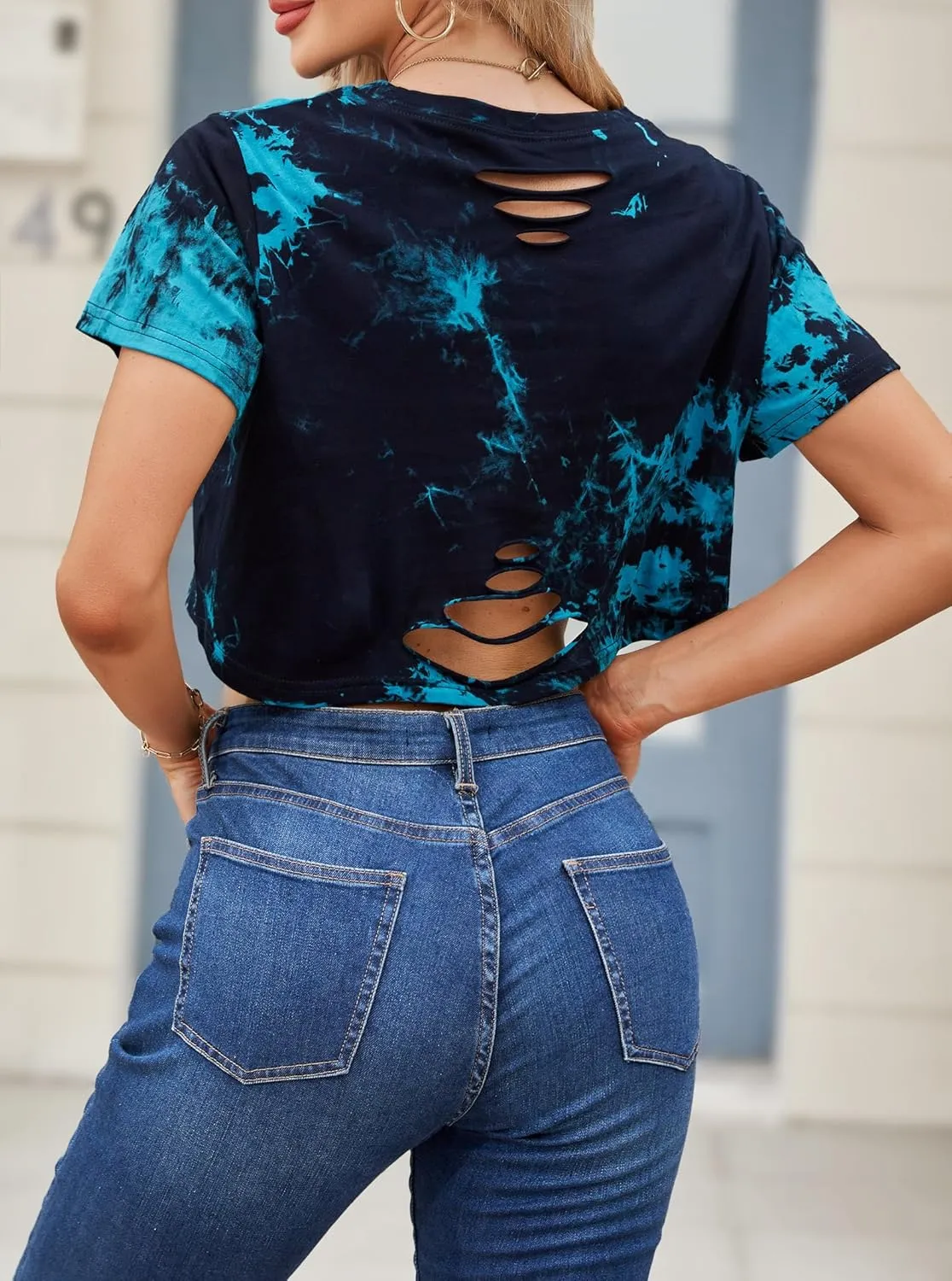 Remidoo Women's Casual Short Sleeve Graphic Print Tie Dye Crop Top T Shirt