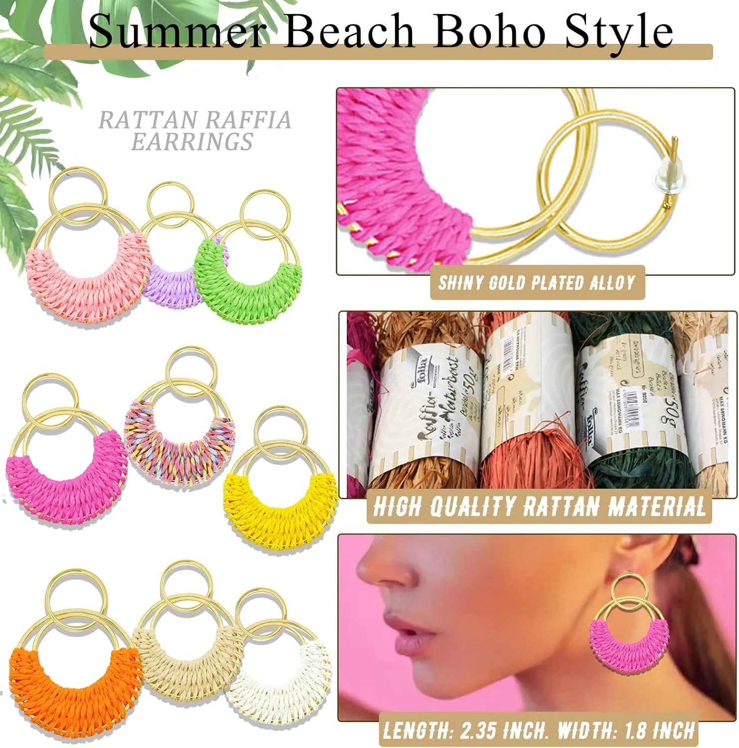 Ronglry Raffia Rattan Summer Beach Boho Earrings for Women Girls Lightweight Hoop Dangle Earrings Handmade Straw Wicker Braided Large Drop Earrings Fun Trendy Statement Earrings Jewelry Gifts for Her Girlfriend