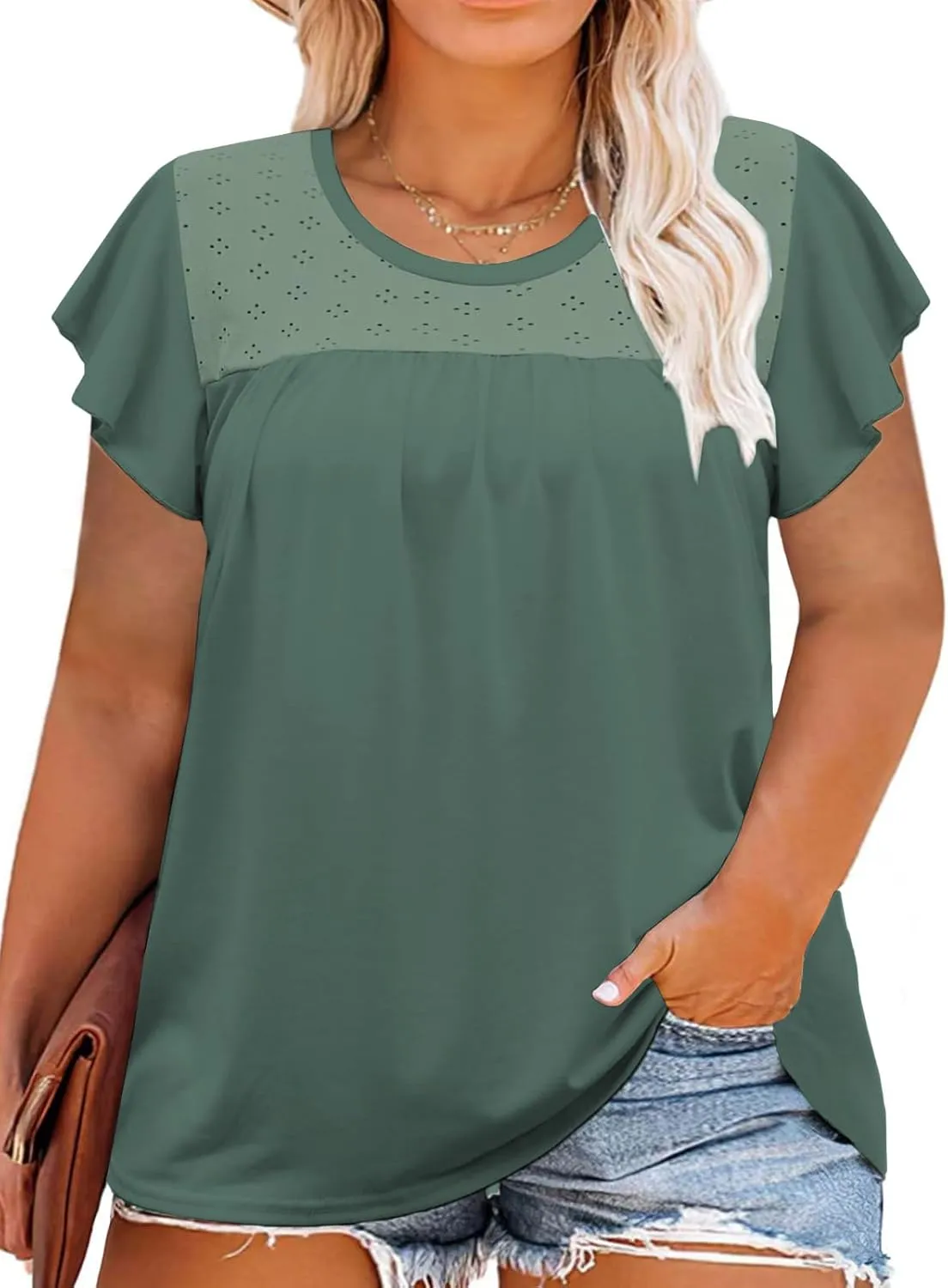 ROSRISS Plus-Size-Summer-Tops for Women Casual Ruffle Cap Sleeve Shirts Crewneck Eyelet Tunics