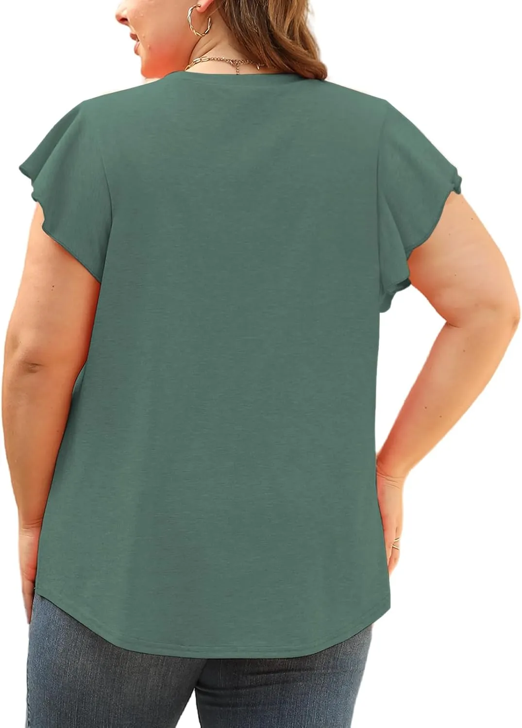 ROSRISS Plus-Size-Summer-Tops for Women Casual Ruffle Cap Sleeve Shirts Crewneck Eyelet Tunics