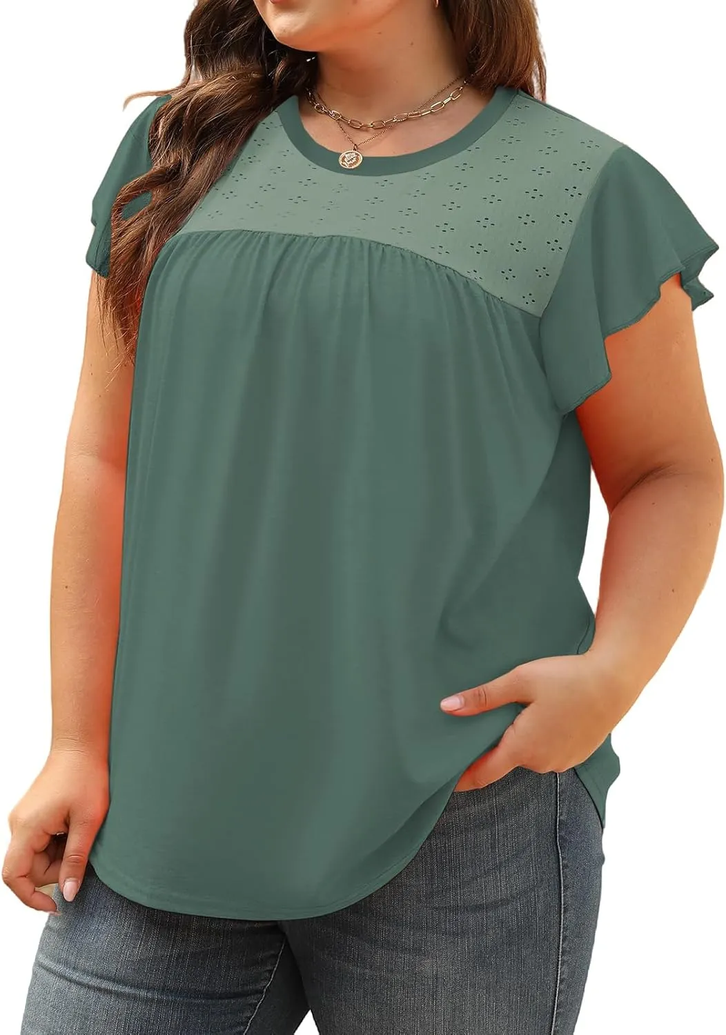 ROSRISS Plus-Size-Summer-Tops for Women Casual Ruffle Cap Sleeve Shirts Crewneck Eyelet Tunics
