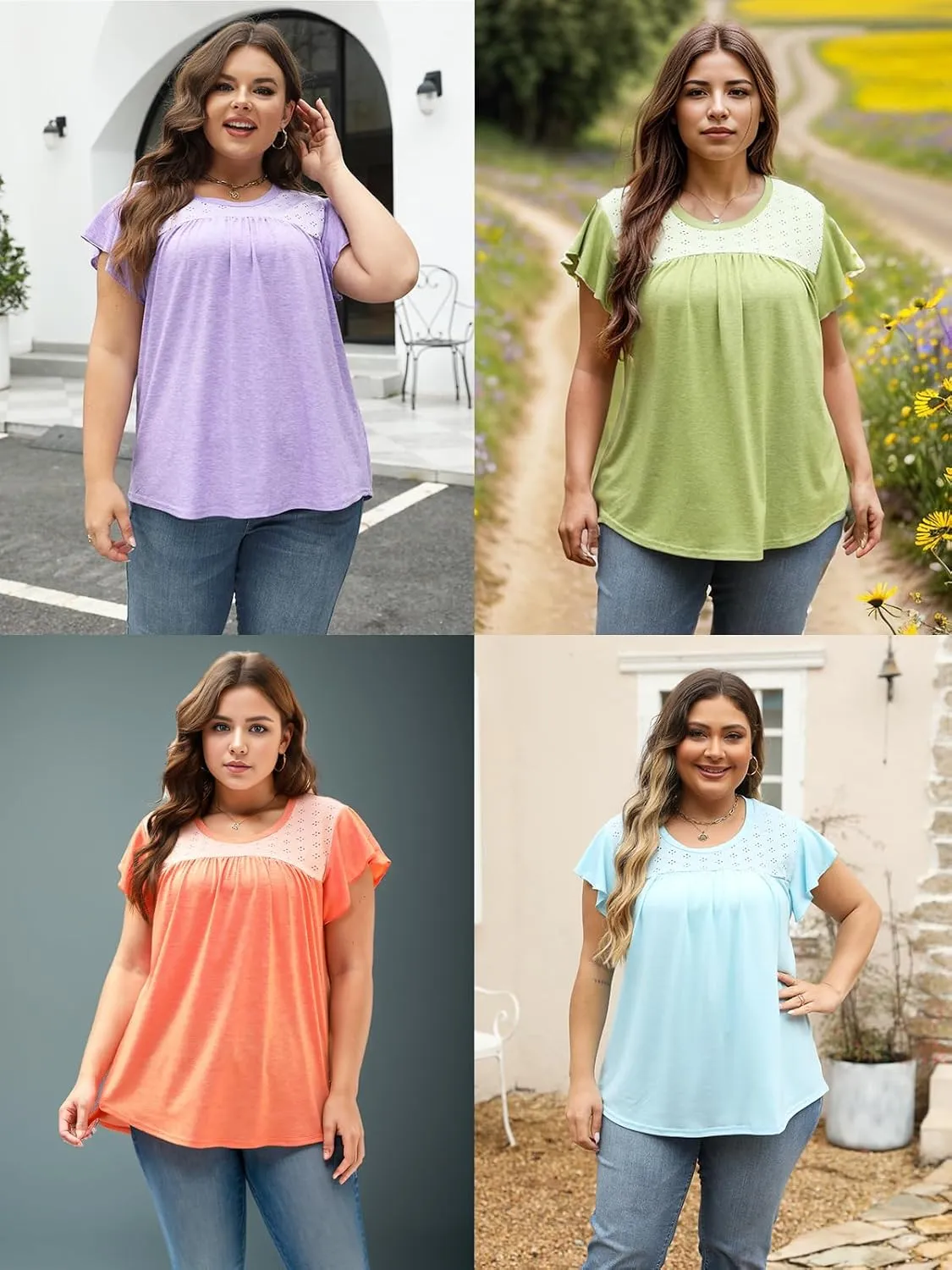 ROSRISS Plus-Size-Summer-Tops for Women Casual Ruffle Cap Sleeve Shirts Crewneck Eyelet Tunics