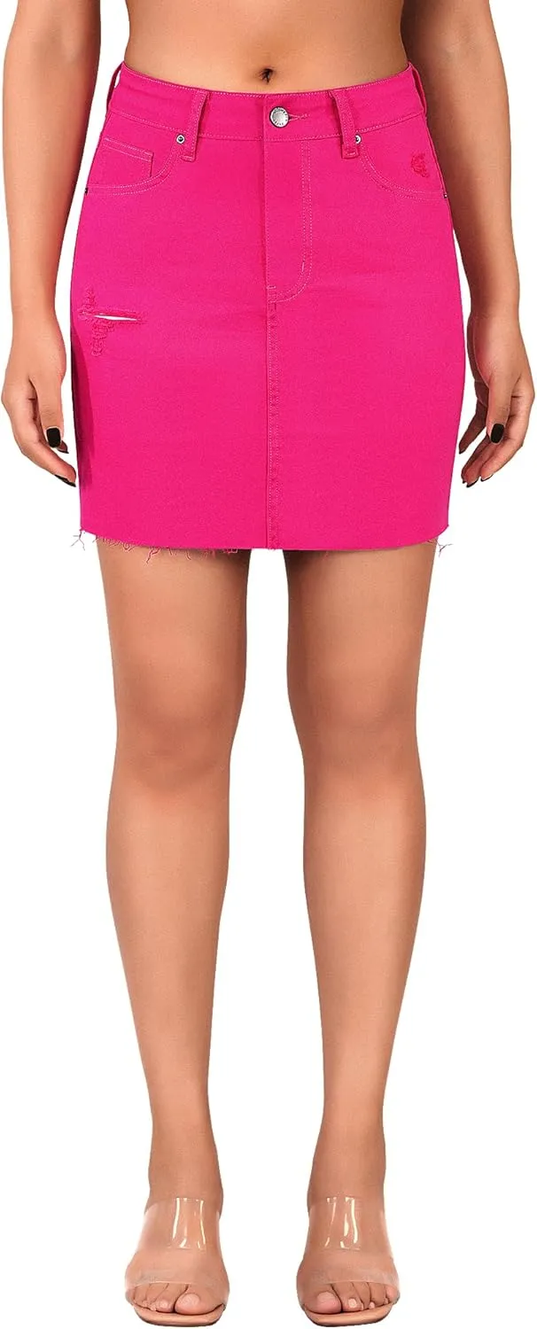 roswear Women's High Waisted Summer Jean Mini Skirts Ripped Curvy Stretchy Denim Skirts