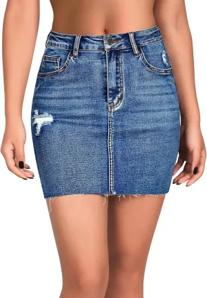 roswear Women's High Waisted Summer Jean Mini Skirts Ripped Curvy Stretchy Denim Skirts