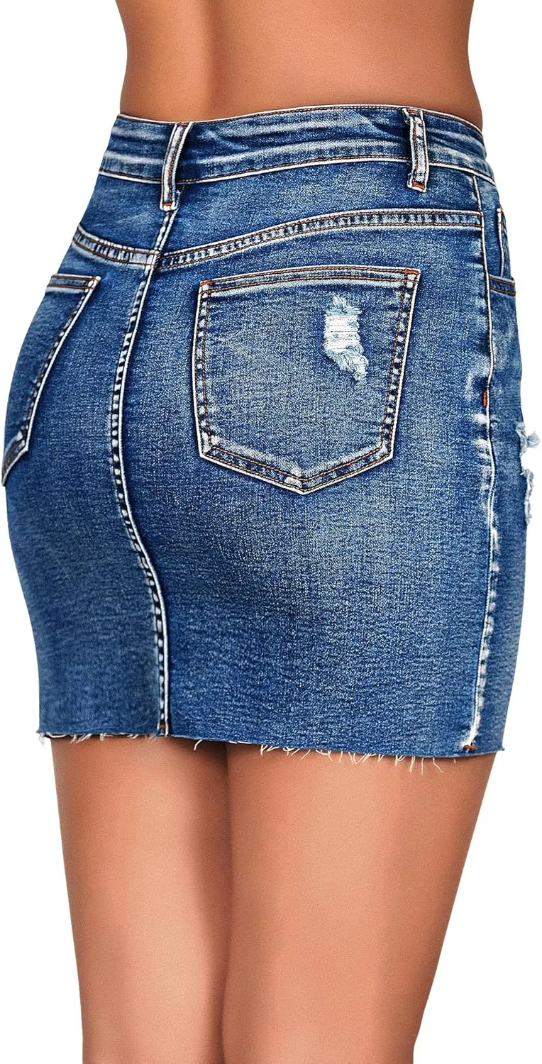 roswear Women's High Waisted Summer Jean Mini Skirts Ripped Curvy Stretchy Denim Skirts