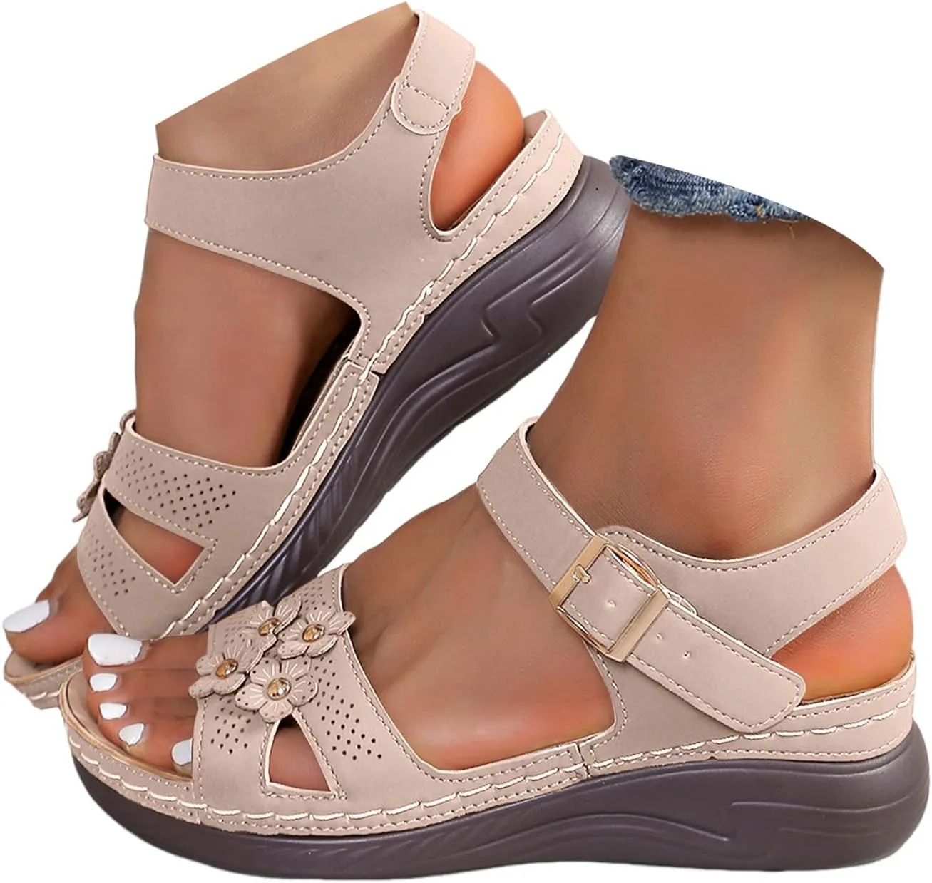 Sandals for Women 2025 Wedge Flower Hollow Sandals Platform Shoes with Adjustable Buckle Summer Dress Shoes