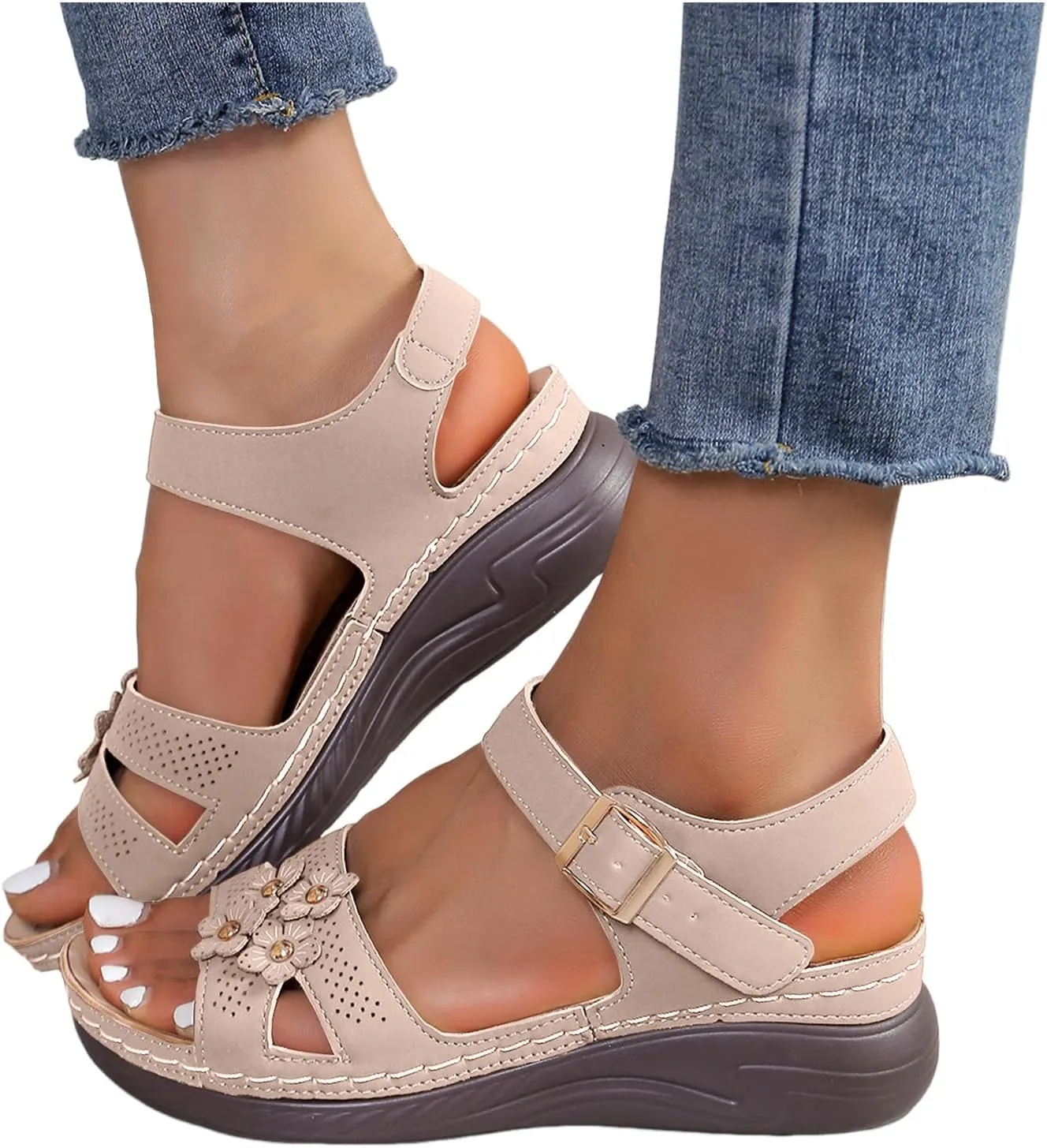 Sandals for Women 2025 Wedge Flower Hollow Sandals Platform Shoes with Adjustable Buckle Summer Dress Shoes