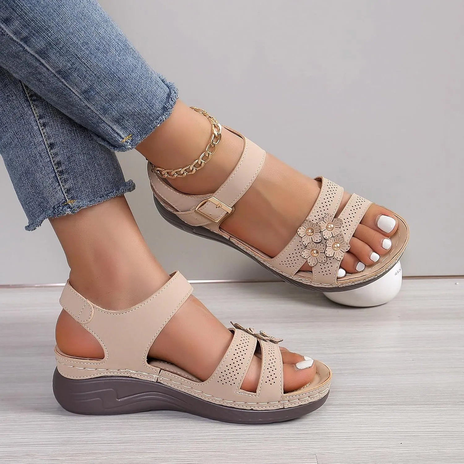 Sandals for Women 2025 Wedge Flower Hollow Sandals Platform Shoes with Adjustable Buckle Summer Dress Shoes