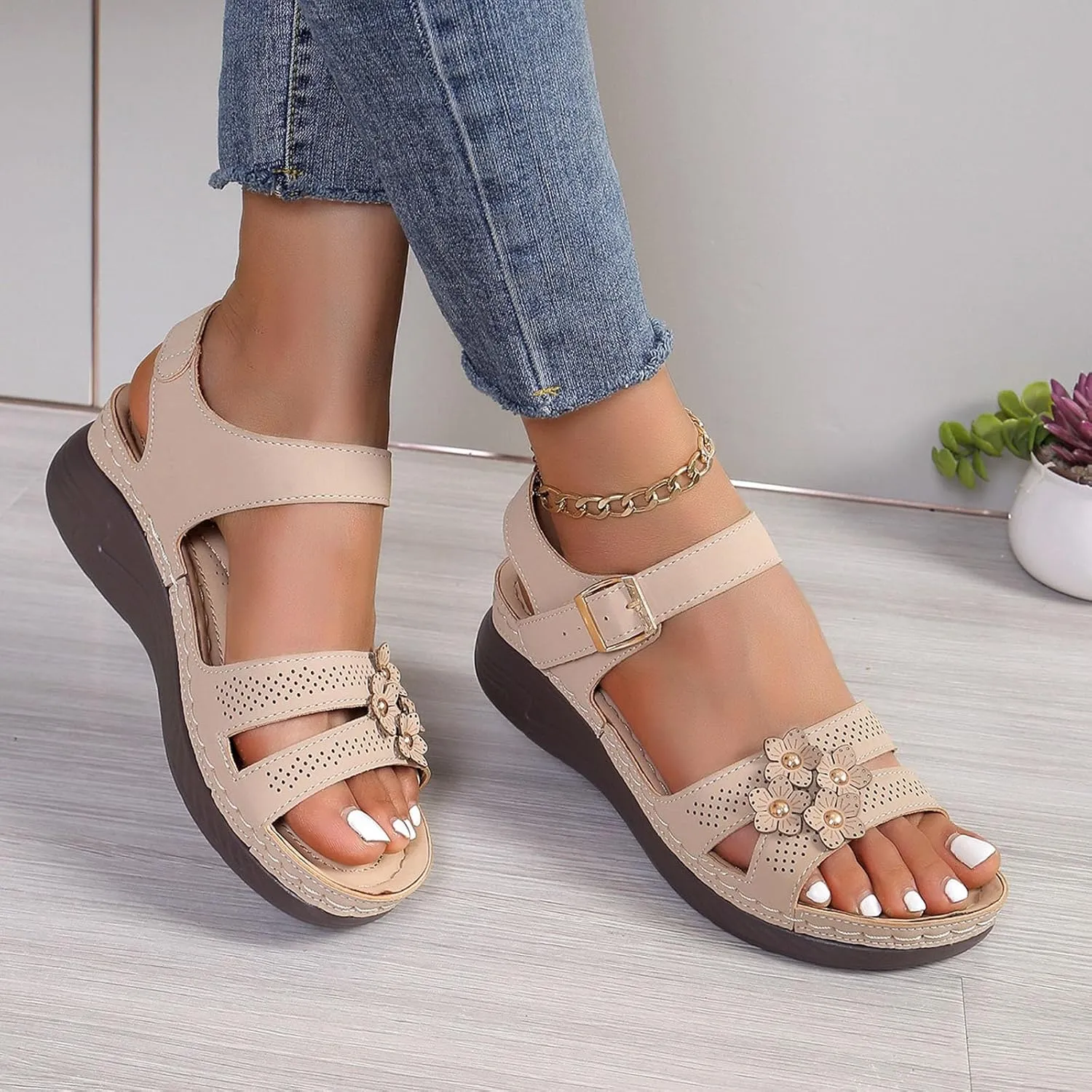 Sandals for Women 2025 Wedge Flower Hollow Sandals Platform Shoes with Adjustable Buckle Summer Dress Shoes