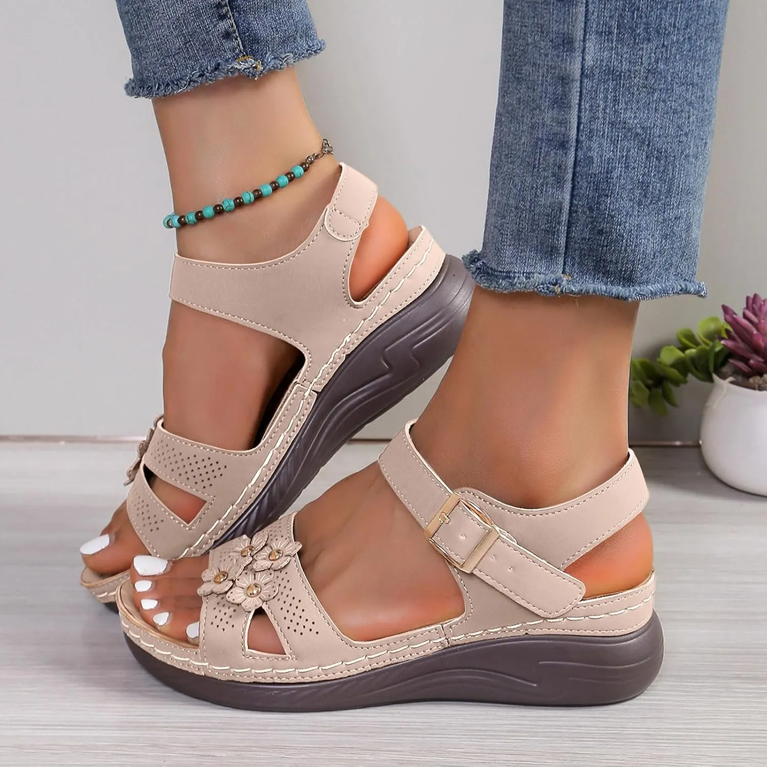 Sandals for Women 2025 Wedge Flower Hollow Sandals Platform Shoes with Adjustable Buckle Summer Dress Shoes