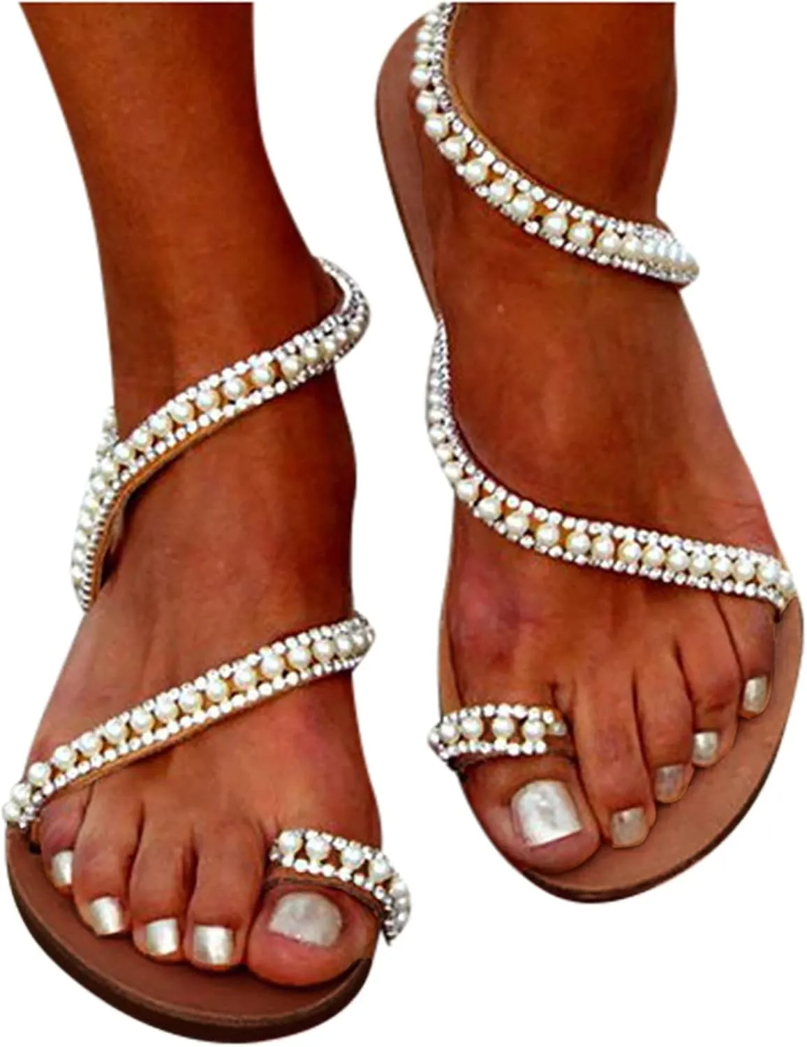 Sandals Women Lace Straps Elegant Open Toe Womens Sandals Dressy Summer Walking Beach Womens Flat Dress Shoes White