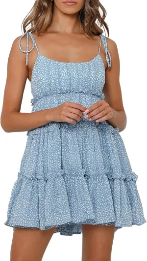 Short Dress for Women Chiffon Floral Mini Skater Dress Flowy Smocked Sun Dresses Cute Teen Spaghetti Strap Tiered Dresses