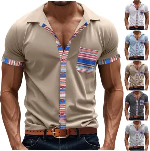 Short Sleeve Button Up Work Shirts for Men Trendy Striped Color Block Top Summer Casual Loose Lightweight Beach Blouse