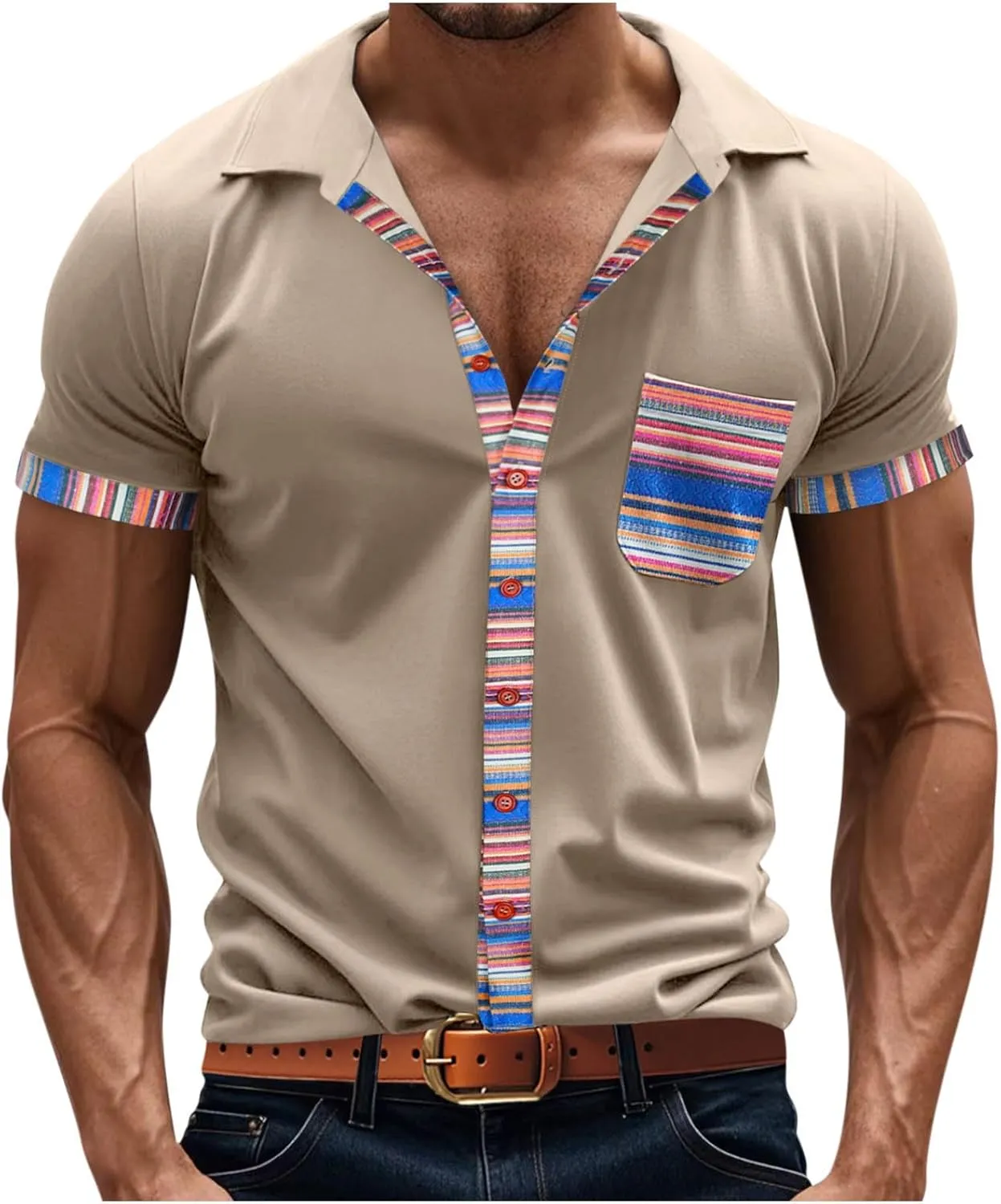 Short Sleeve Button Up Work Shirts for Men Trendy Striped Color Block Top Summer Casual Loose Lightweight Beach Blouse