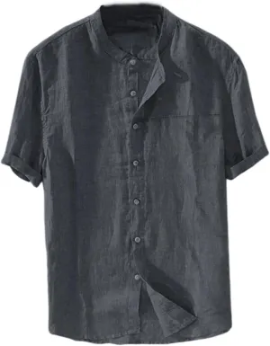 Short Sleeve Cotton Linen Shirts for Men Casual Button Down Band Collar Breathable Summer Beach Retro Comfy Tee Tops