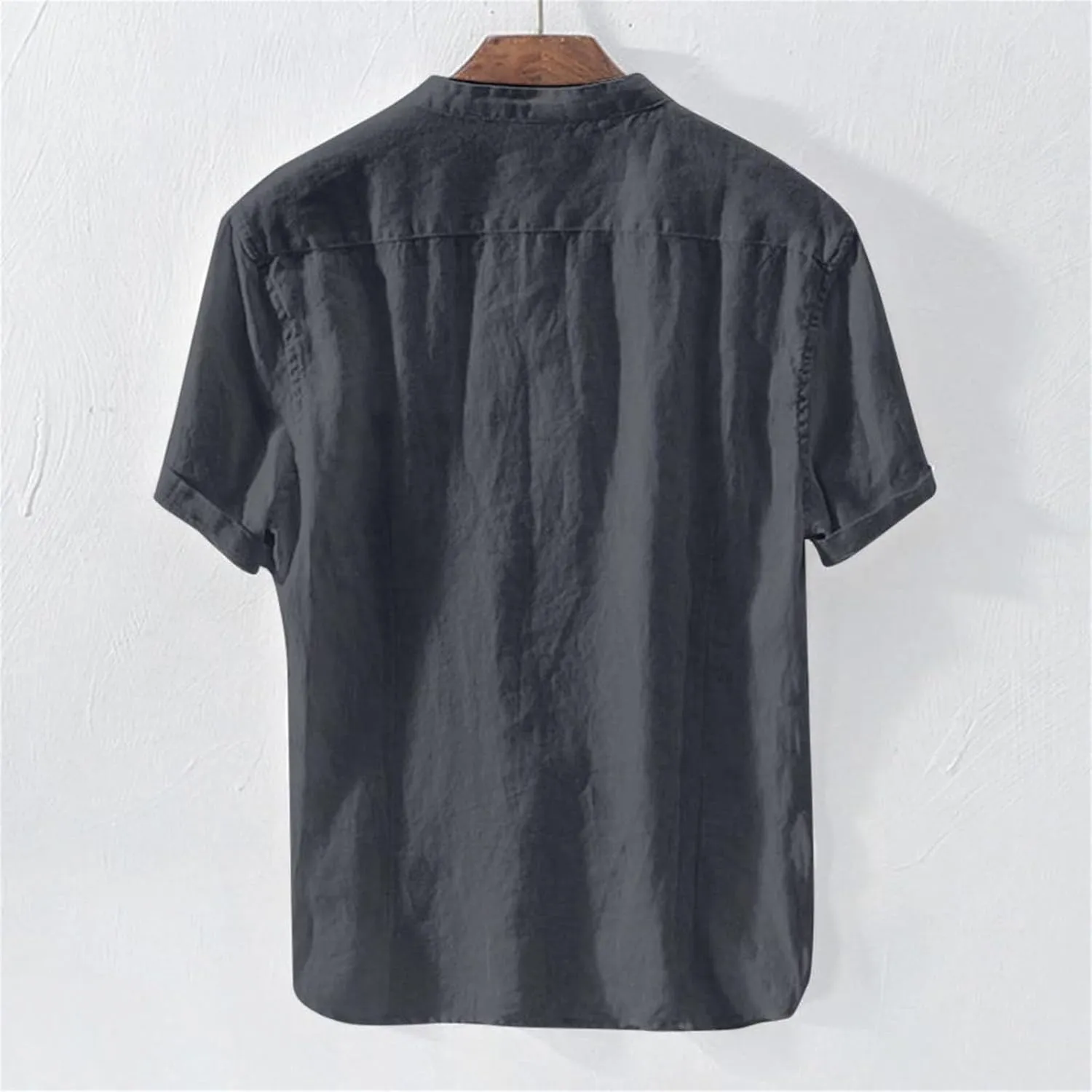 Short Sleeve Cotton Linen Shirts for Men Casual Button Down Band Collar Breathable Summer Beach Retro Comfy Tee Tops