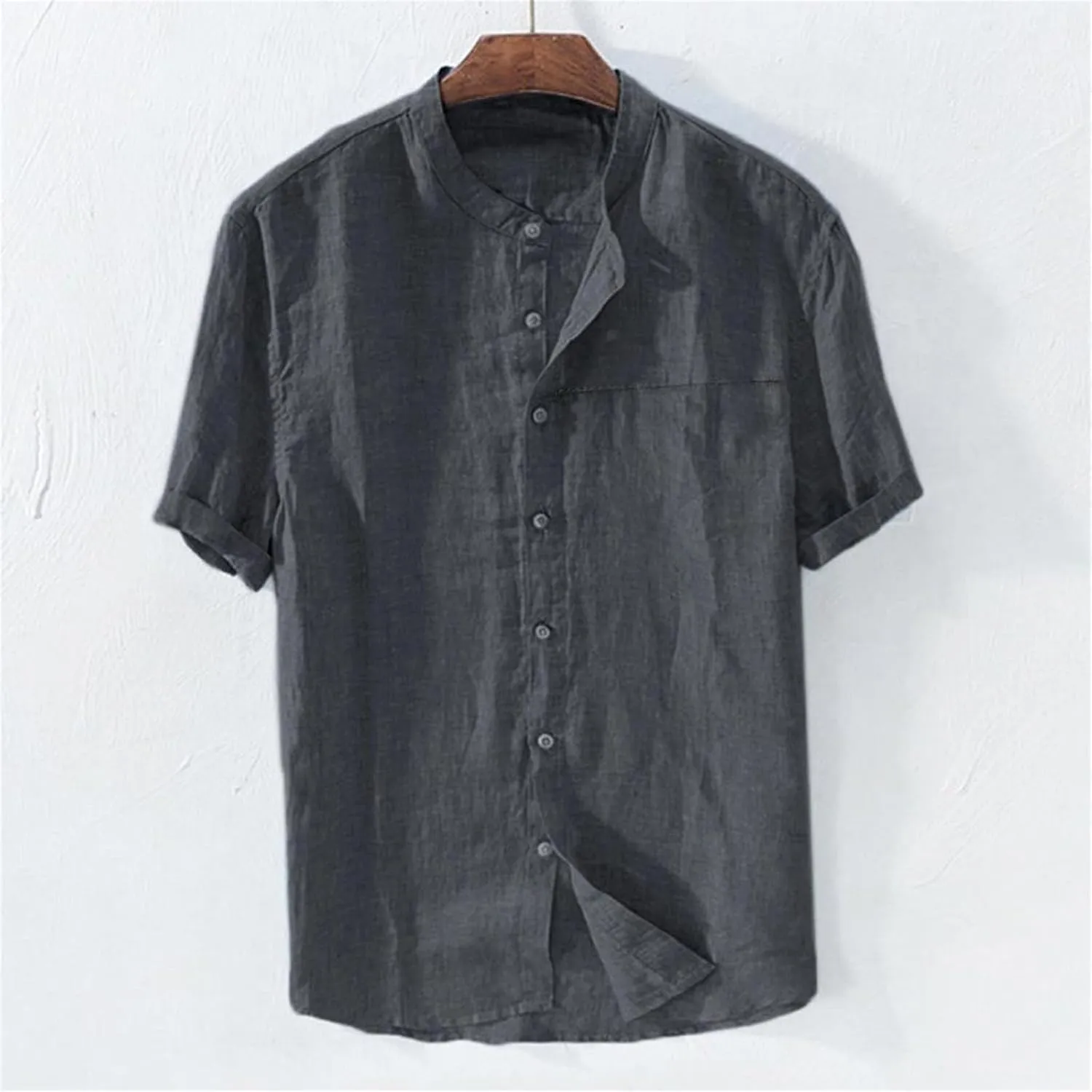 Short Sleeve Cotton Linen Shirts for Men Casual Button Down Band Collar Breathable Summer Beach Retro Comfy Tee Tops
