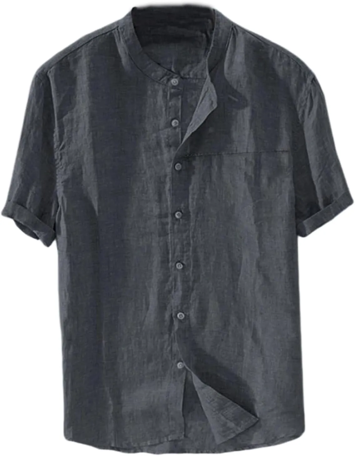 Short Sleeve Cotton Linen Shirts for Men Casual Button Down Band Collar Breathable Summer Beach Retro Comfy Tee Tops