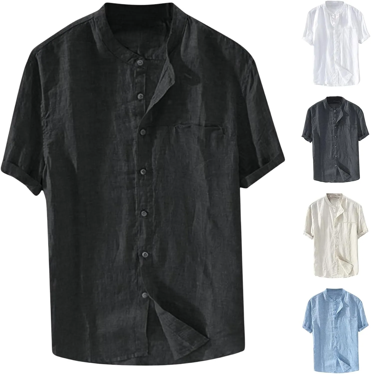 Short Sleeve Cotton Linen Shirts for Men Casual Button Down Band Collar Breathable Summer Beach Retro Comfy Tee Tops