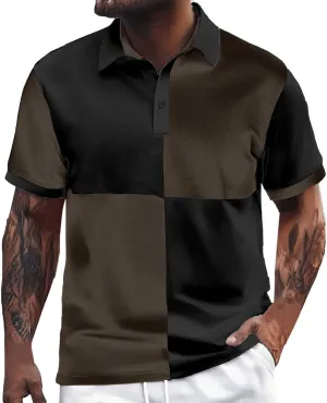 Short Sleeve Polo Shirt for Men Plus Size Classic Fit Button Lapel Golf Shirts Color-Block Lightweight Knitted Collared Tee