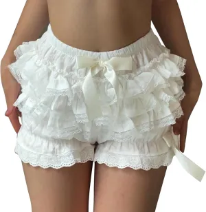 Shorts for Women Ruffle Layered Lace High Waisted Drawstring Skorts Elastic Waist Casual Comfort Straight Leg Clothings