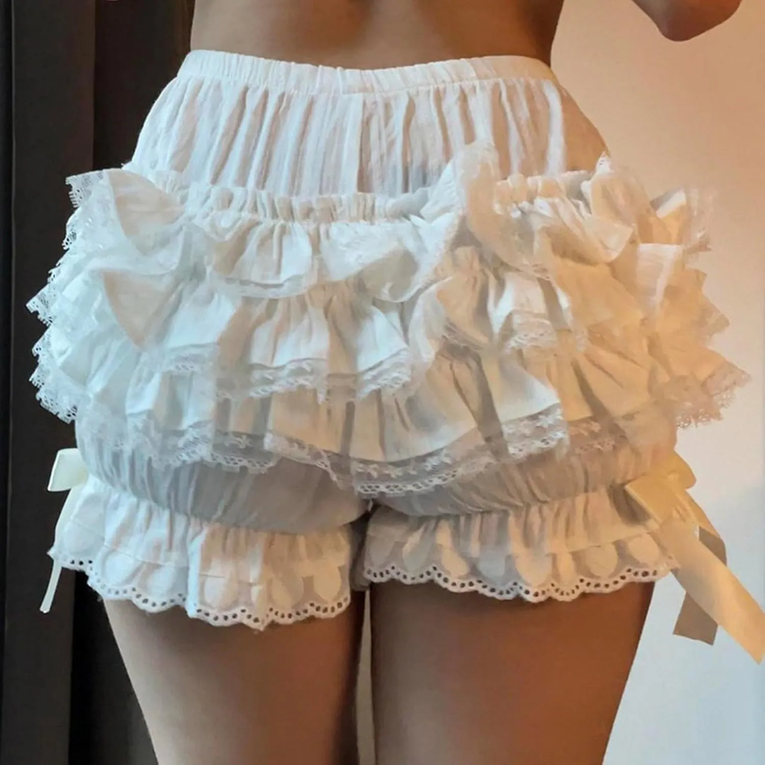 Shorts for Women Ruffle Layered Lace High Waisted Drawstring Skorts Elastic Waist Casual Comfort Straight Leg Clothings