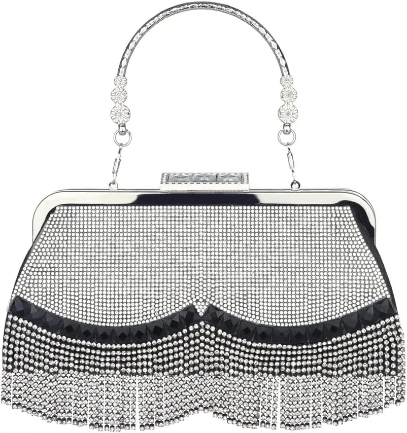 Sither Rhinestone Handbag Purses for Women Evening Handbag Purses Crystal Tassel Clutch Purses Medium Sparkly Clutches Shoulder Chain Bags for Party Prom Christmas Gift (black)