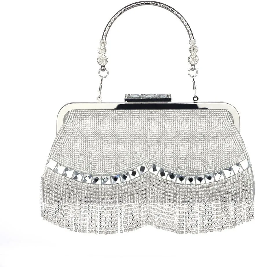 Sither Rhinestone Handbag Purses for Women Evening Handbag Purses Crystal Tassel Clutch Purses Medium Sparkly Clutches Shoulder Chain Bags for Party Prom Christmas Gift (silver)