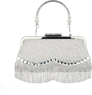 Sither Rhinestone Handbag Purses for Women Evening Handbag Purses Crystal Tassel Clutch Purses Medium Sparkly Clutches Shoulder Chain Bags for Party Prom Christmas Gift (silver)
