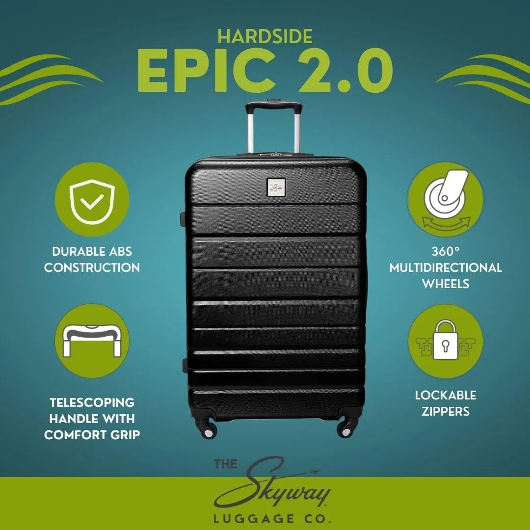 Skyway Epic 2.0 Hardside Lightweight and Durable ABS Shell Luggage, Spacious with Dual Spinning Wheels, Comfort Grip, Men and Women, 24-inch Medium Check-In, Black