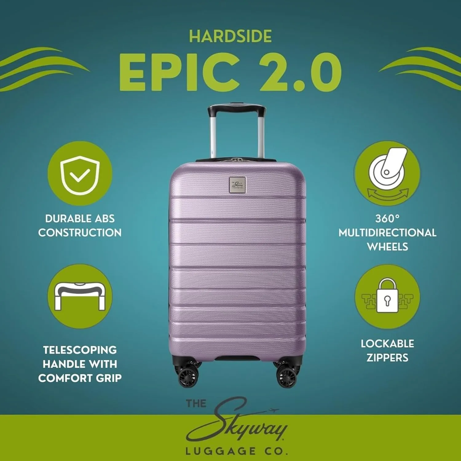 Skyway Epic 2.0 Hardside Lightweight and Durable ABS Shell Luggage, Spacious with Dual Spinning Wheels, Comfort Grip, Men and Women, 28-inch Large Check-In, Silver Lilac