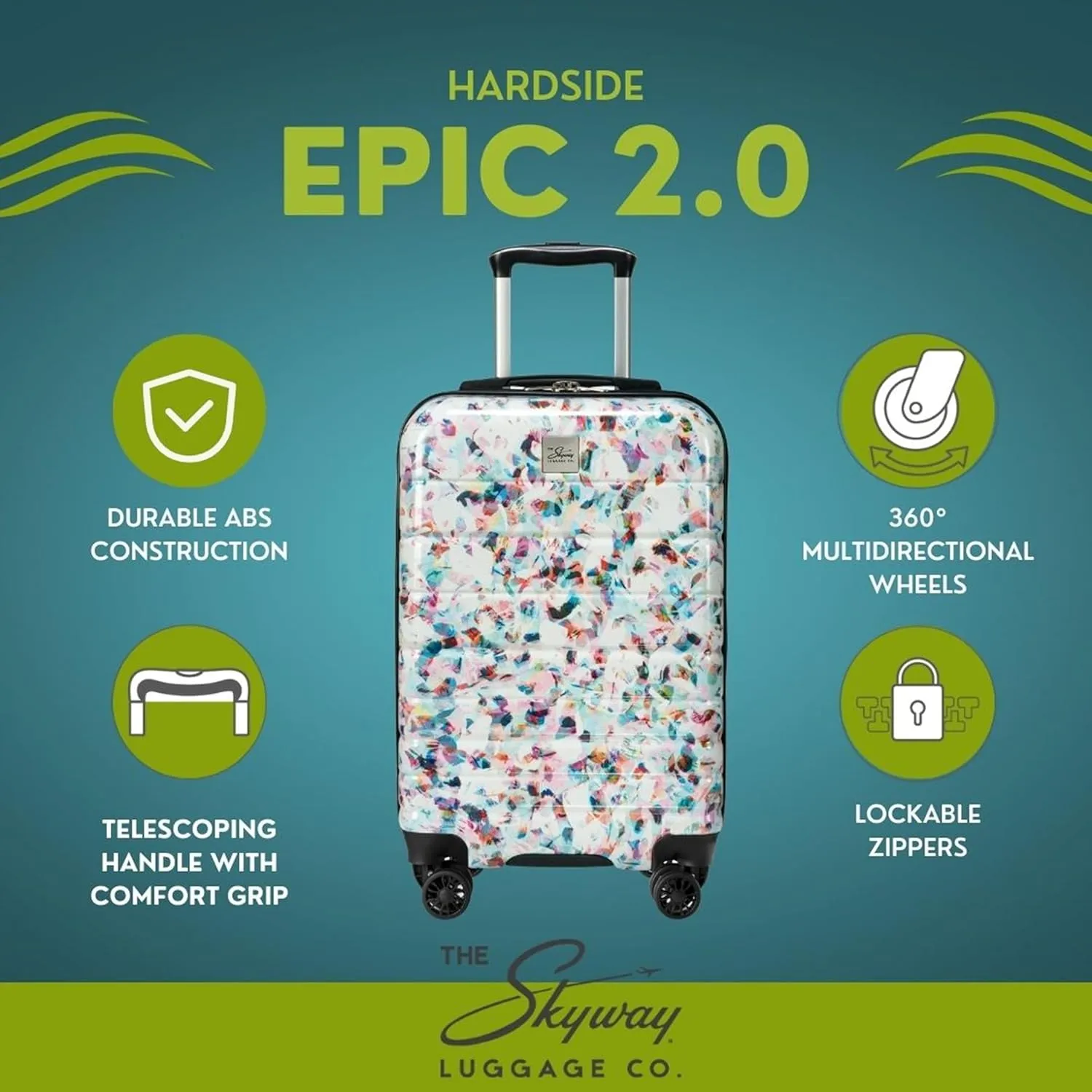 Skyway Epic 2.0 Hardside Lightweight and Durable ABS Shell Luggage, Spacious with Dual Spinning Wheels, Comfort Grip, Men and Women, Large Check-In 28-Inch, Confetti