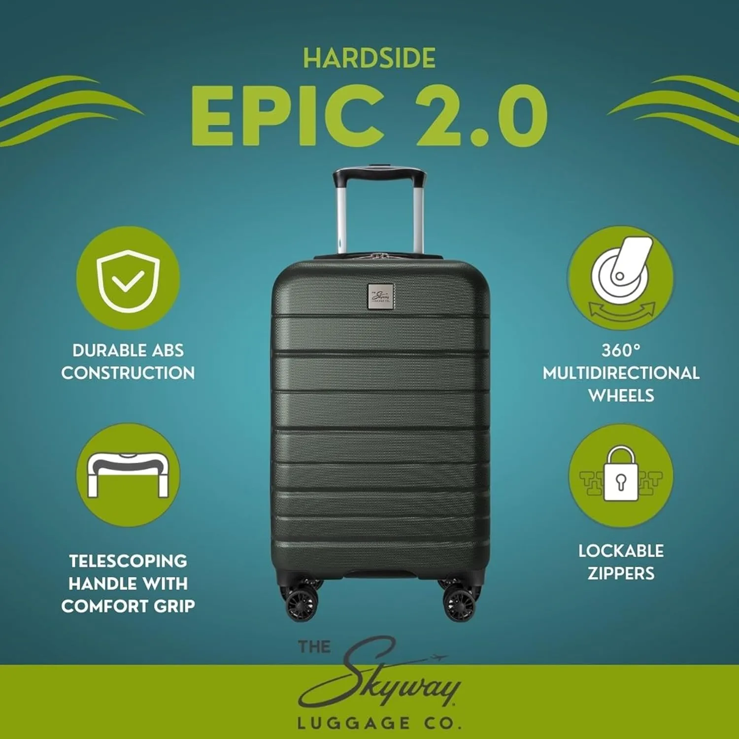 Skyway Epic 2.0 Hardside Lightweight and Durable ABS Shell Luggage, Spacious with Dual Spinning Wheels, Comfort Grip, Men and Women, Thyme, Large Check-In 28-Inch