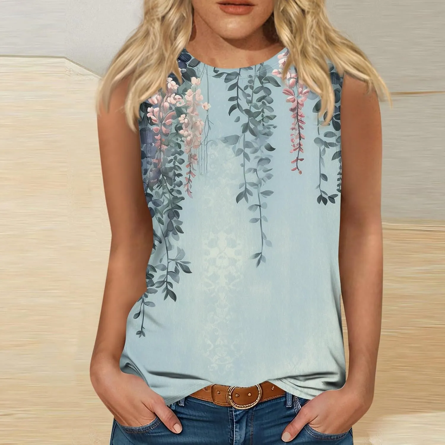 Sleeveless Tops for Women Summer Crew Neck Loose Fit Basic Tunics Tank Floral Holiday Going Out Tank Top Tee