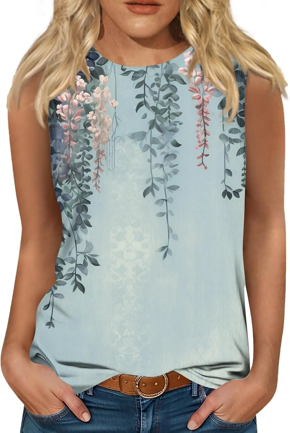 Sleeveless Tops for Women Summer Crew Neck Loose Fit Basic Tunics Tank Floral Holiday Going Out Tank Top Tee
