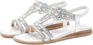 Smoneyful Womens 2025 Trending Rhinestone Flat Sandals Sparkly Dressy for Wedding Bride Summer Beach Casual Wear
