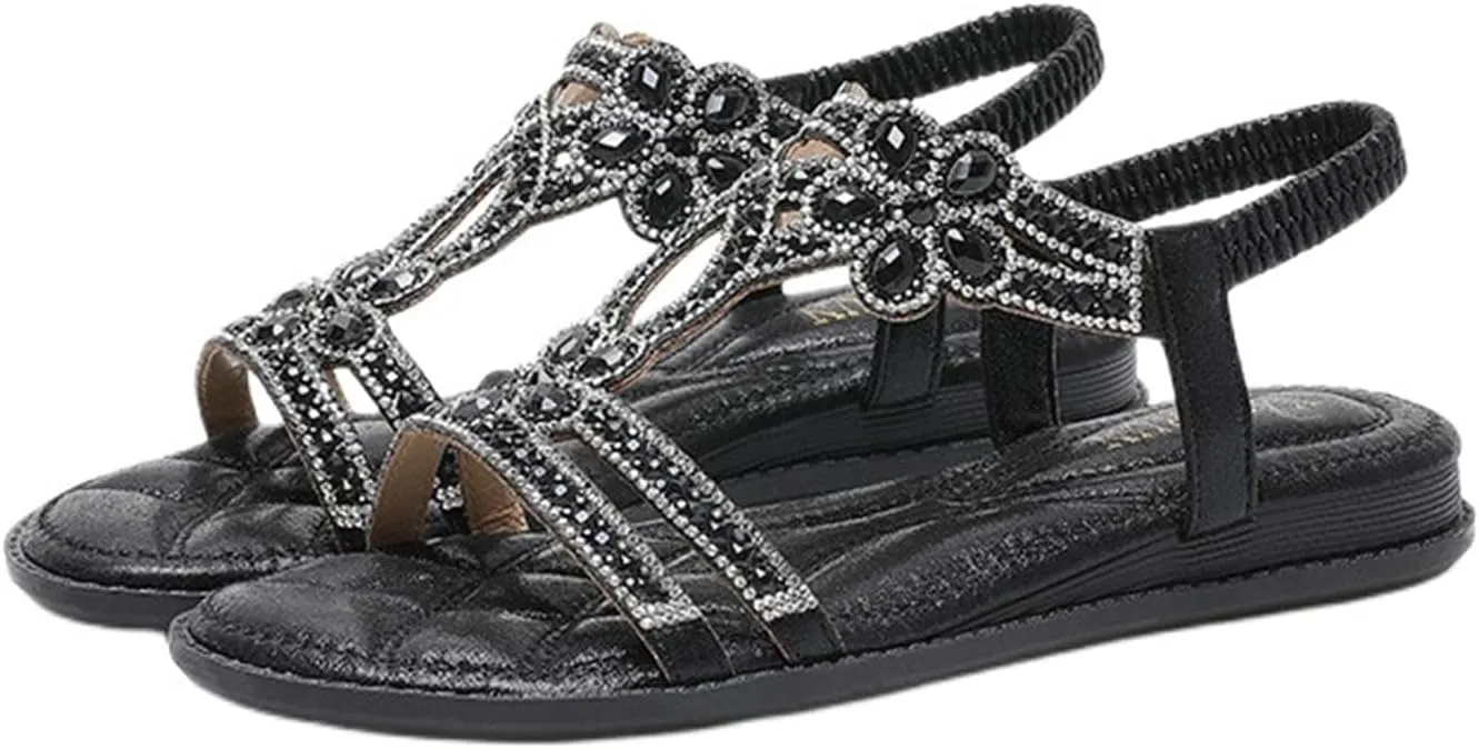 Smoneyful Womens 2025 Trending Rhinestone Flat Sandals Sparkly Dressy for Wedding Bride Summer Beach Casual Wear