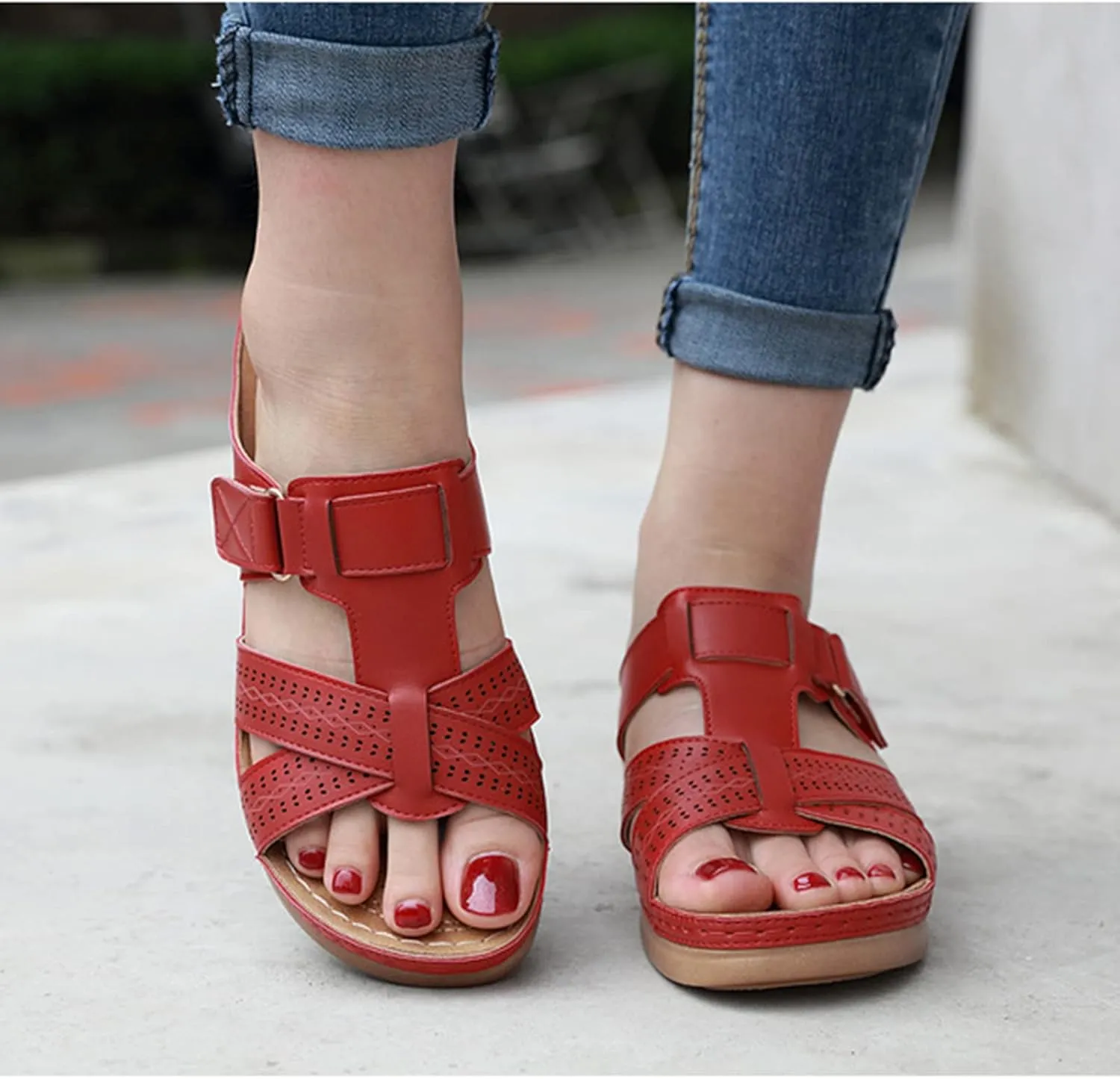 Smoneyful Womens Comfortable Orthopedic Summer Sandals 2025 Open Toe Wedge or Platform Design for Dressy Wear