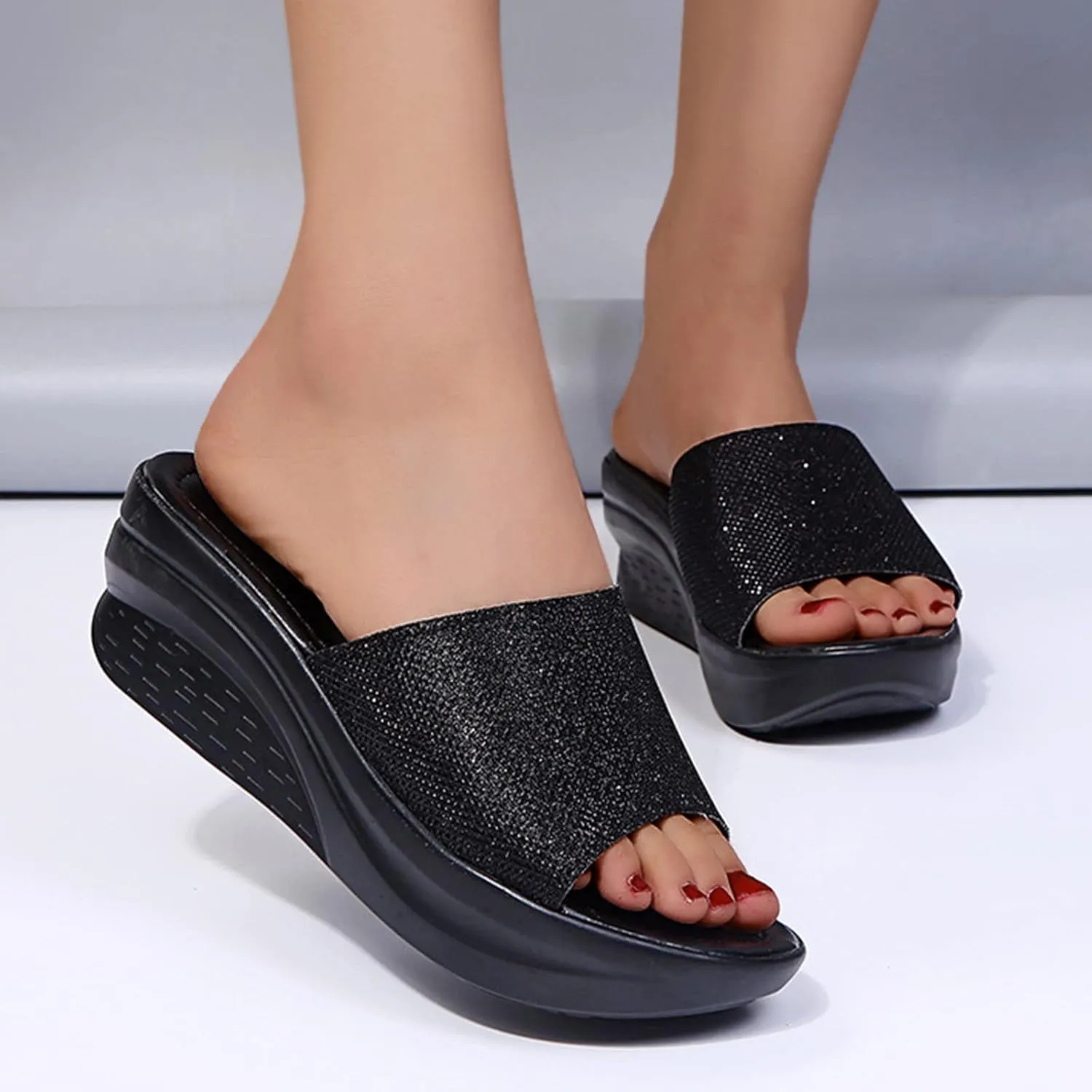 Soled Summer Thick Slippers Womens Fashion Sandals Wedges Toe Open Women's Wedges Denim Wedge Boots